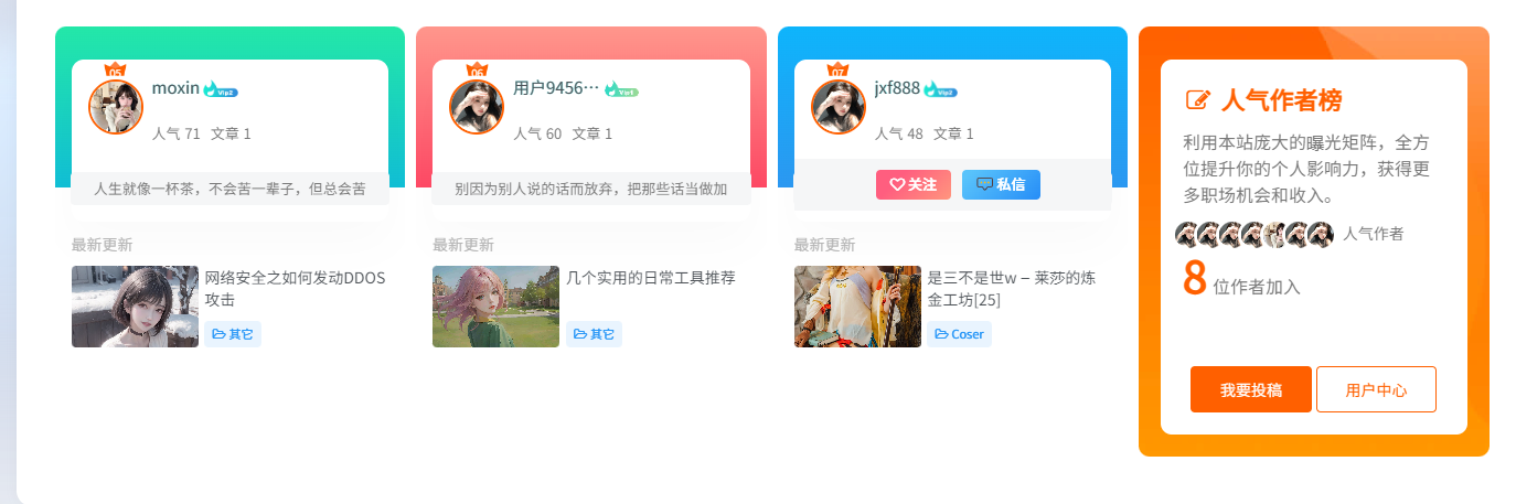 子比主题美化 – 仿极主题首页人气作者|云超博客